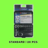 28 pieces Standard set (16 bits/9 Sockets + ratchet handle and 2 bit holders) 28 pieces Standard set (16 bits/9 Sockets + ratchet handle and 2 bit holders)